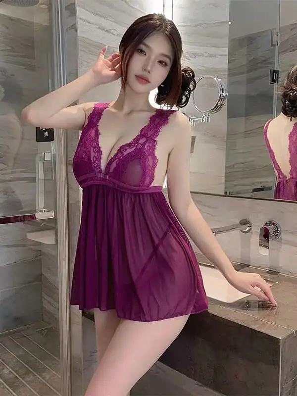 เซ็กซี่ผู้หญิงลูกไม้สีม่วงNightdress Pure Desire Sheer VคอBackless Elegant Tank Mini Dress 2025 ใหม่แฟชั่นผู้หญิงJNB8