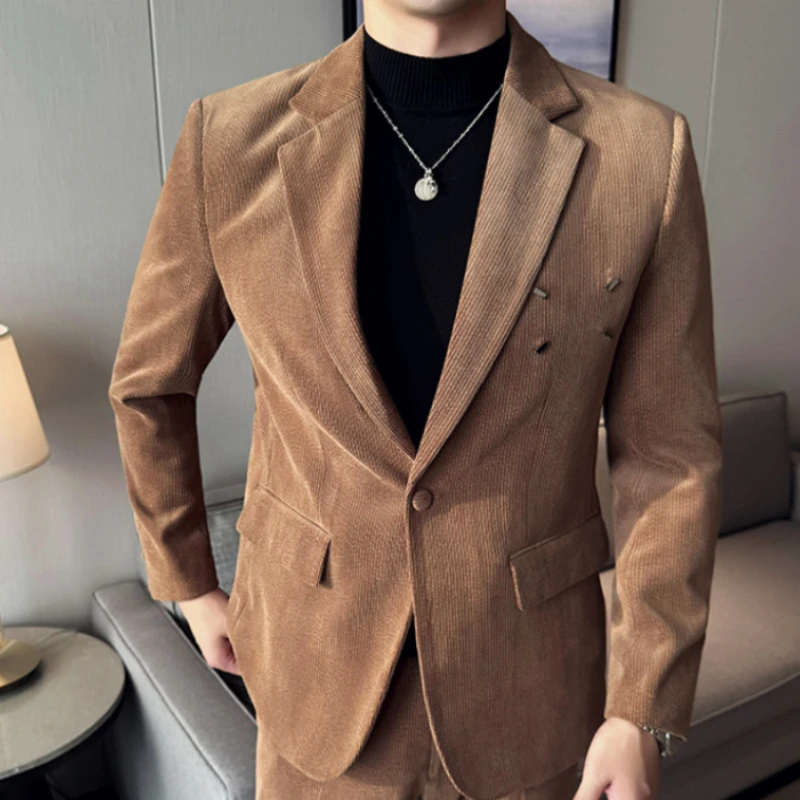 

Autumn Winter Metal Decoration Woolen Blazer Jacket Men Fashion Striped Casual Business Blazer Wedding Groom Dress Coat 2023