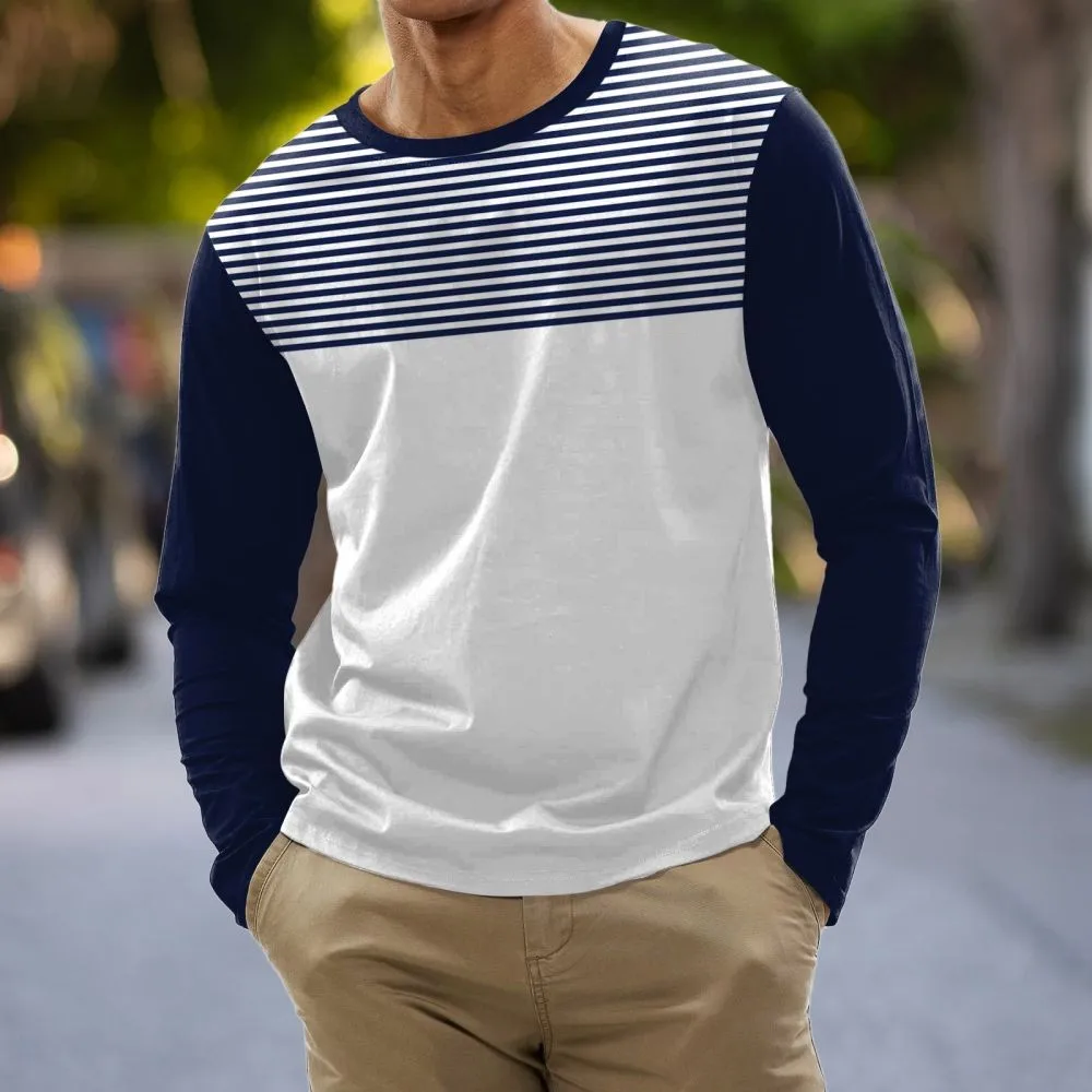 New Cotton Stripe T Shirt For Mens Long Sleeve Tops O-Neck Pullover Oversized Autumn Clothing Sports Casual Male Shirt Tees 2023