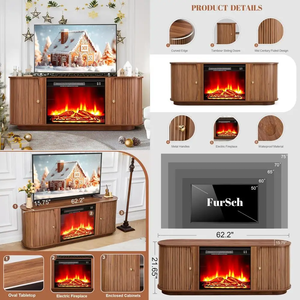 Modern 75-Inch TV Entertainment Center with Built-In 23 Electric Fireplace, Curved Edge TV Console