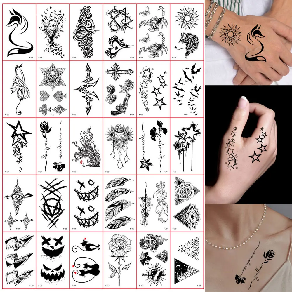 30pcs Small Size Animal Tattoo Stickers for Men Women Wolf Tiger Eagle Dragon Skeleton Snake Cat Fake Tattoos For Hand Arm Body
