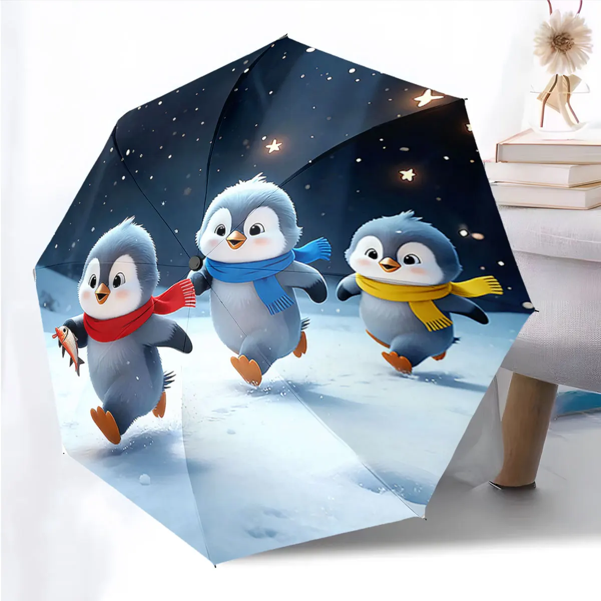 1PC Penguin Adventures in Snowy Weather Print 8 Iron Ribs Folding Umbrella Auto-Open Fashion Sunshade