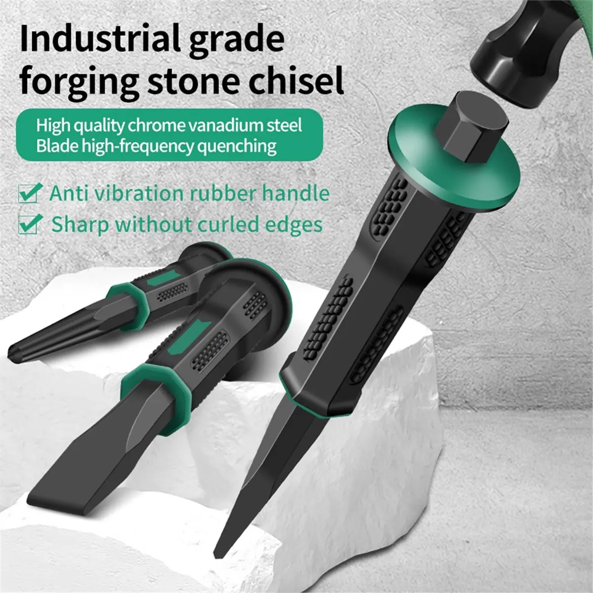 A1092P ~Heavy Duty Stone Chisel - -V Steel Anti-Shock Round Head Masonry Chisel for Rock Carving & Stonework