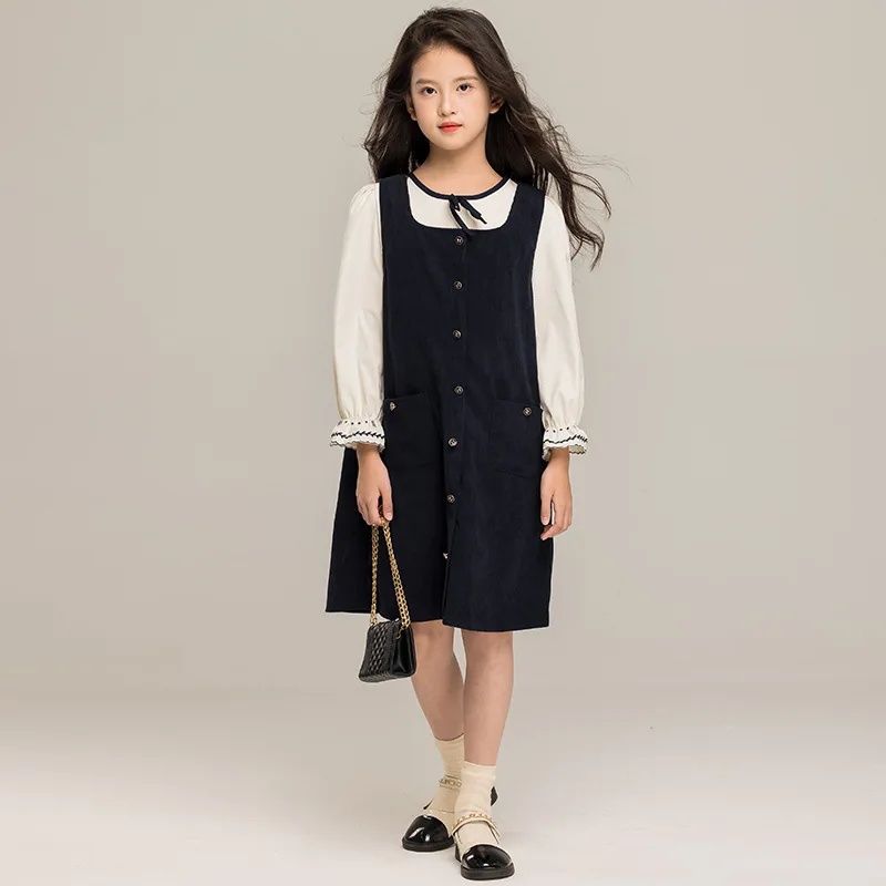 

Корейский осенний комплект детского платья для девочек, футболка с круглым вырезом + однотонное платье на пуговицах, комплект детского платья для девочек, платье с длинными рукавами для девочек от 4 до 14 лет