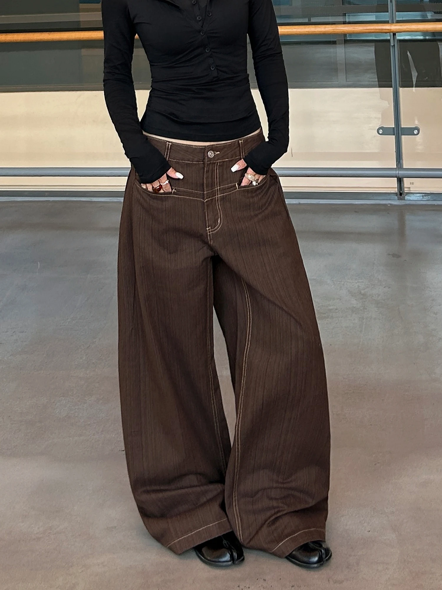 

Retro Embroidered Stripe Wide Leg Jeans American Sle Casual Loose Slimming Autumn Winter Cotton l Waist Zipper Fly