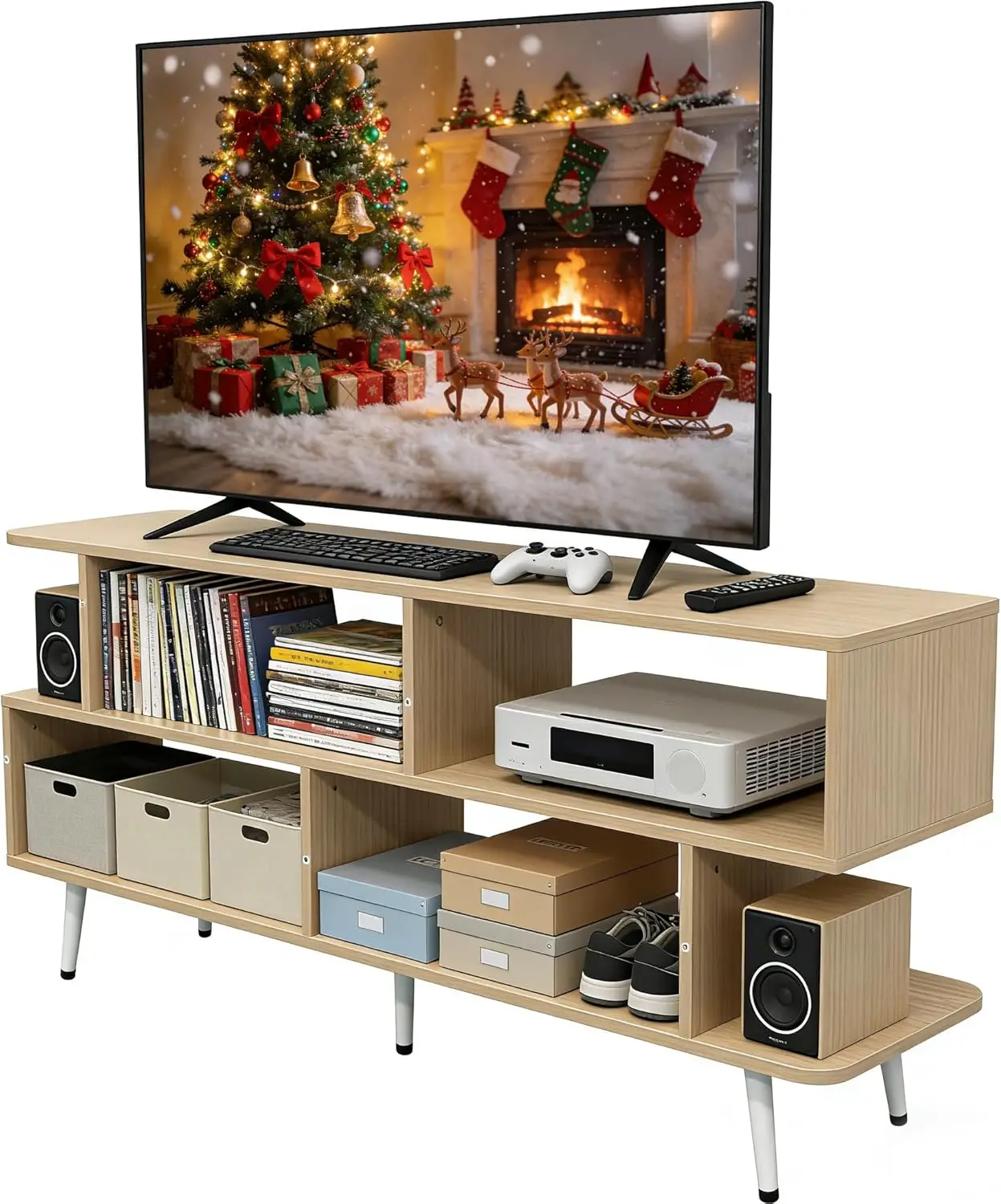 

Подставка для телевизора 55 дюймов, подходит для телевизоров до 65 дюймов, с большим местом для хранения коллекций, 6 открытыми полками, прочный медиа-стол для гостиной