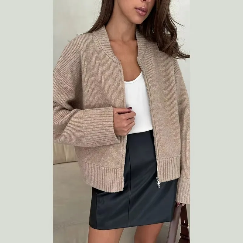 Ribbed Knit Zip Up Bomber Cardigan Stand Collar Drop Shoulder Loose Cropped Long Sleeve Women Casual Sweater Jacket 260702