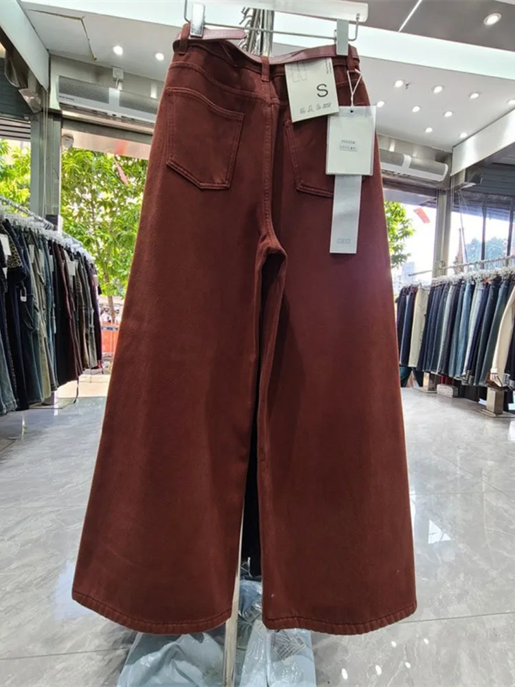 Women's Street Style Wide Leg Red Jeans American Vintage Casual Denim Trousers Female High Waist Loose Straight Pants