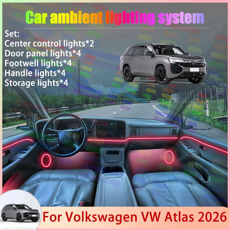 

Для Volkswagen VW Atlas 2026: Комплект атмосферной RGB-подсветки с эффектом потока (2/24 в 1) для салона автомобиля, аксессуары и запчасти