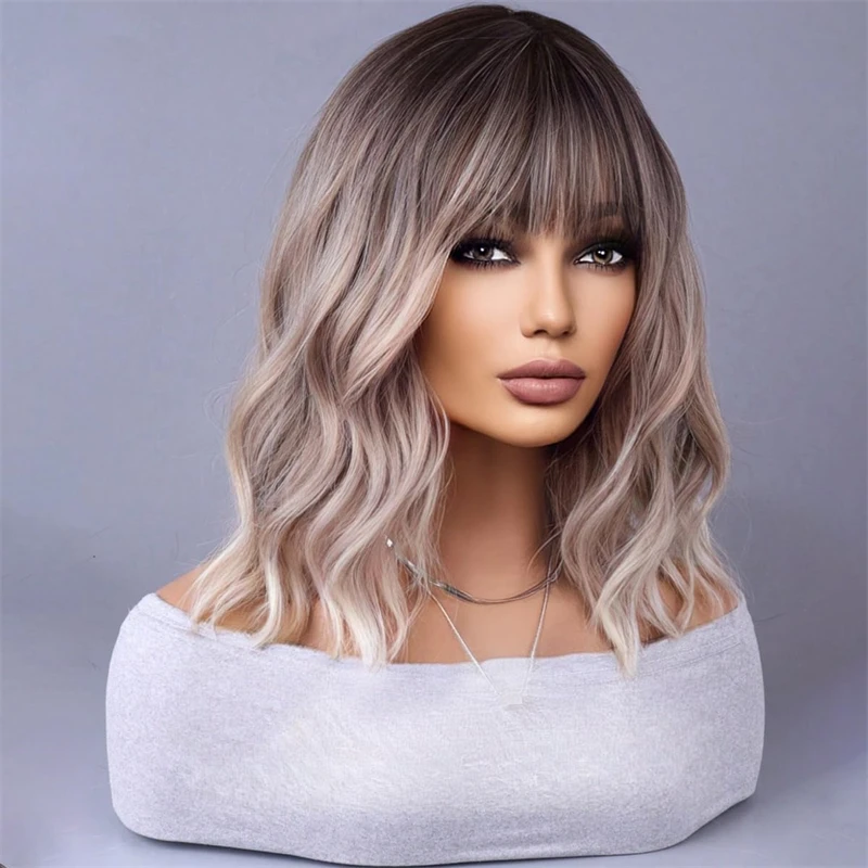 Glueless Wigs For Women Ombre Platinum Ash Blonde Water Wave Bob With Bangs HD Transparent Lace Front Wigs 100% Human Hair Wigs