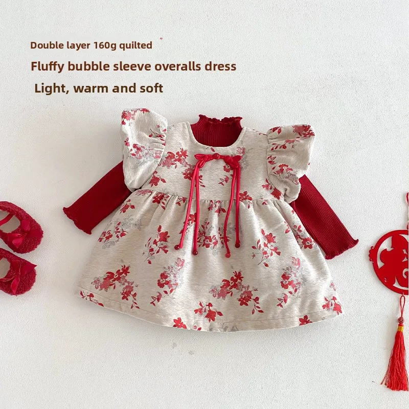 Girls' Trendy New Year's Clothing 2025 New Winter Baby Retro Floral Cotton Dress Children's Winter Dress