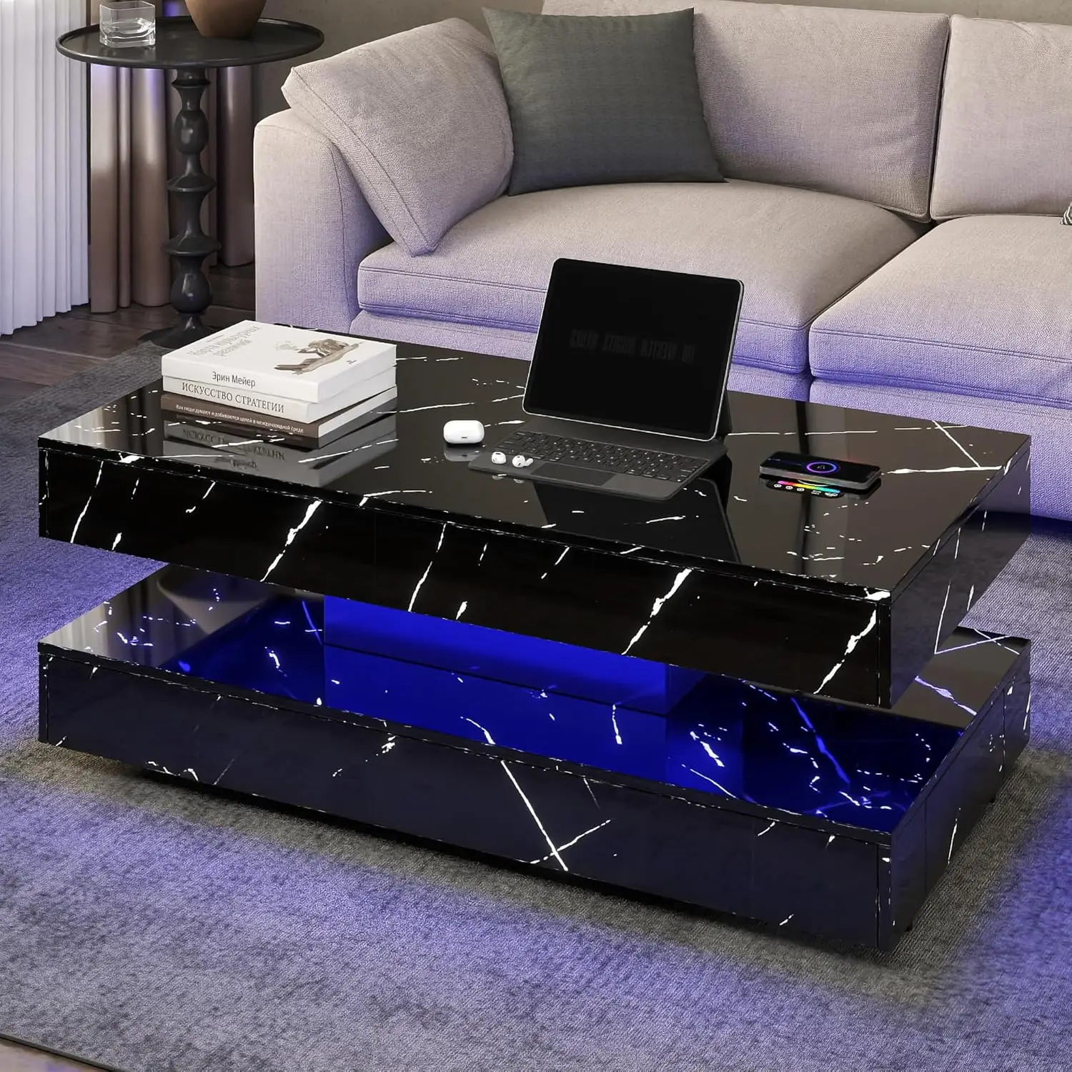 

47.2in LED Coffee Table Bluetooth Speaker Wireless Charging RGB Lights 2 Drawers High Gloss Marble Print Living Room Customized