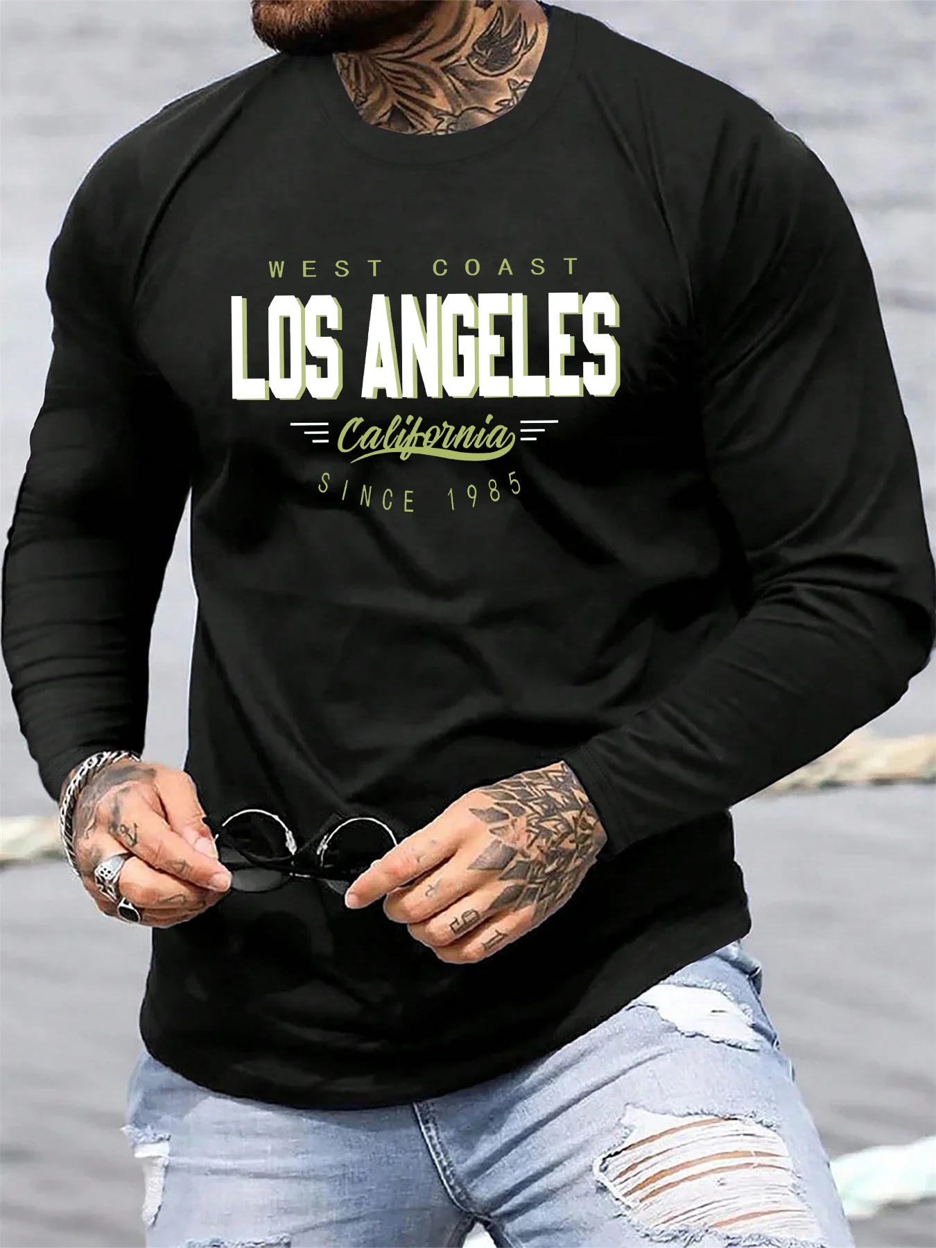 

Spring and Autumn Men's fit large Los Angeles Graphic printed slim fit casual sports round neck Long sleeves loose T-shirt tops