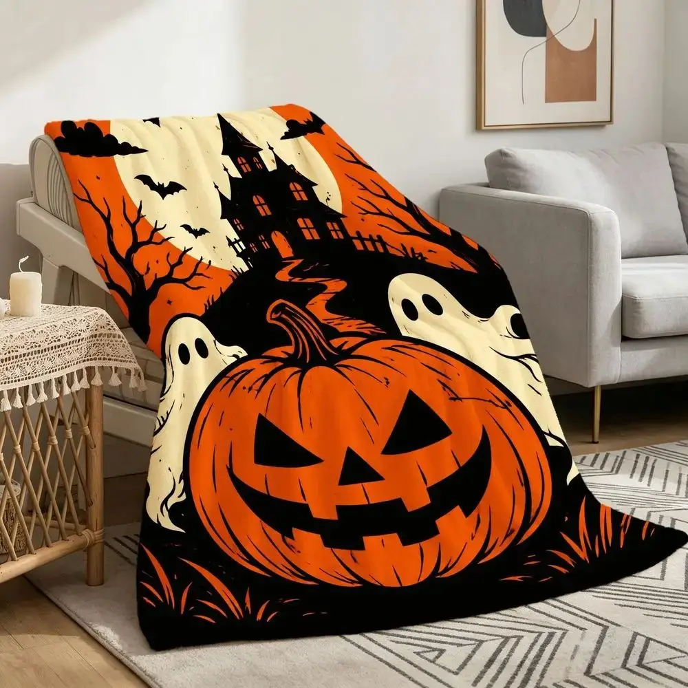 Halloween Blanket - Orange and Black Pumpkin Ghost - Haunted House - Moon Bat - Comfortable and Soft Flannel Blanket