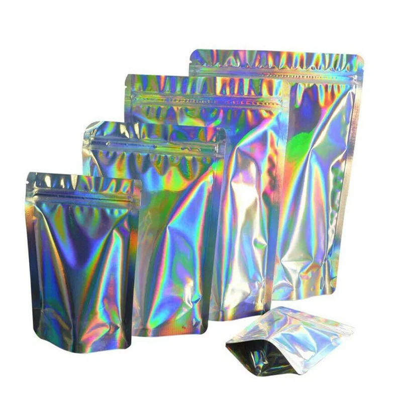 1000Pcs Silver Stand Up Holographic Reclosable ZipLock Bags Heat Sealable Aluminum Foil Plastic Mylar Coffee Retail Packing Bag