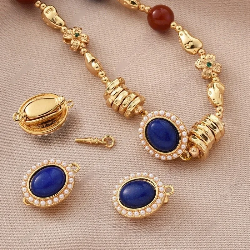 

DIY Jewelry Making Connector Gold Plated Brass Ingot Deep Blue Stone Pearl Press Clasp Handmade Necklace Bracelet Accessories