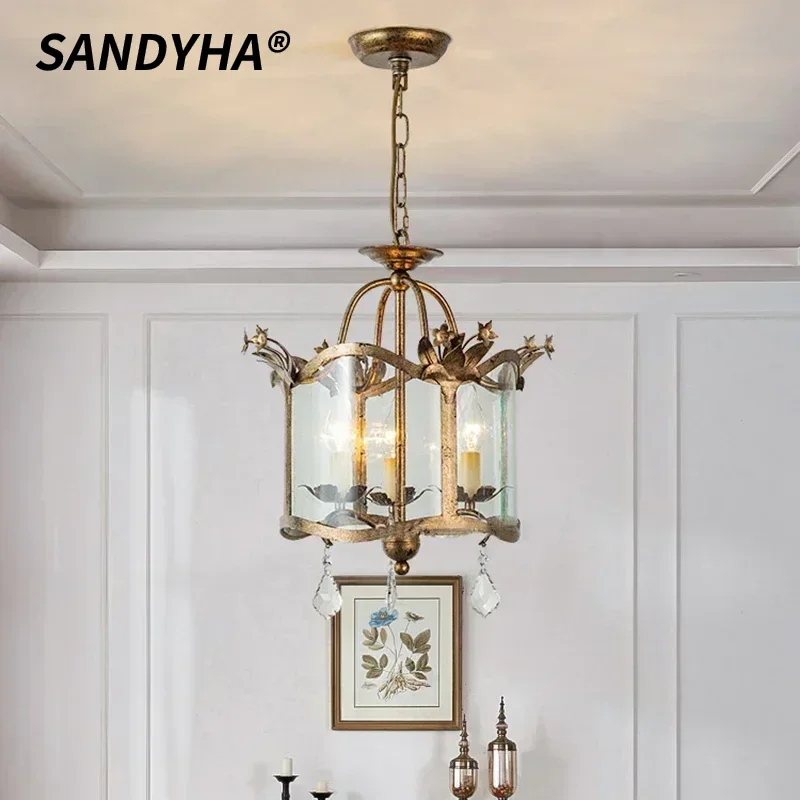 SANDYHA ريترو كريستال قلادة LED ضوء شمعة الثريا لغرفة الطعام غرفة نوم غرفة المعيشة أنيقة ديكور المنزل الإضاءة