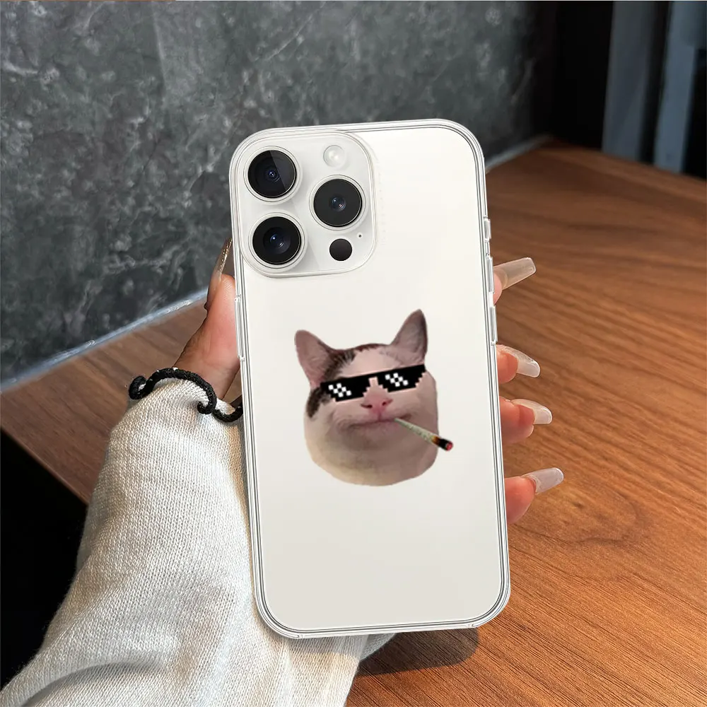 Beluga Polite Cat Funny Meme Phone Case for iPhone 11 12 13 14 15 16 Max Pro Plus Transparent Soft Shell