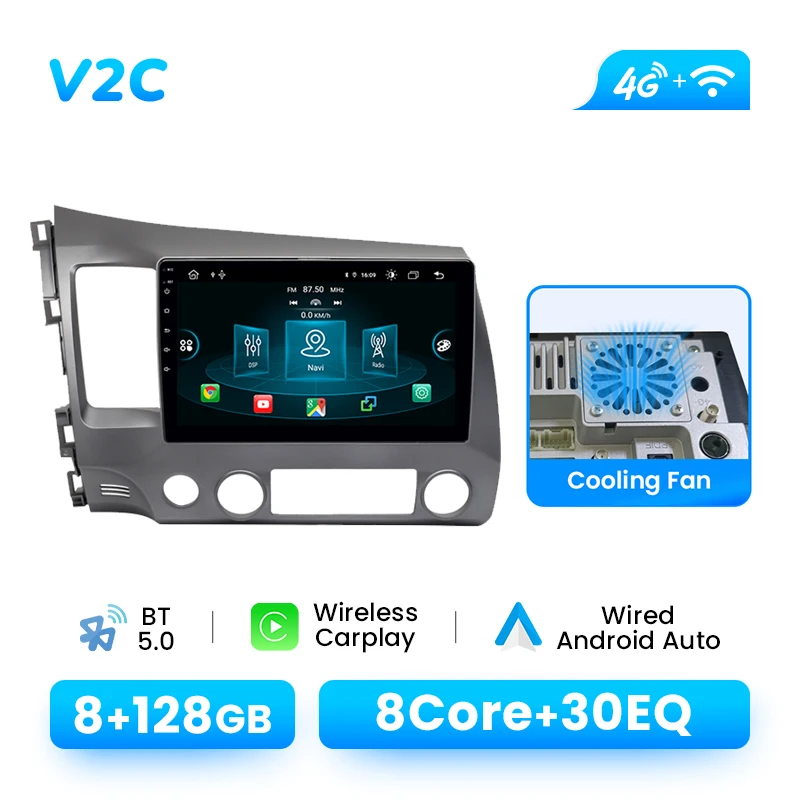 XONRICH Draadloze CarPlay Android 14 Autoradio voor Honda Civic 8 2005-2011 AI Spraakbesturing GPS Navigatie 4G WiFi DSP Multimedia Autostereo Hoofdunit