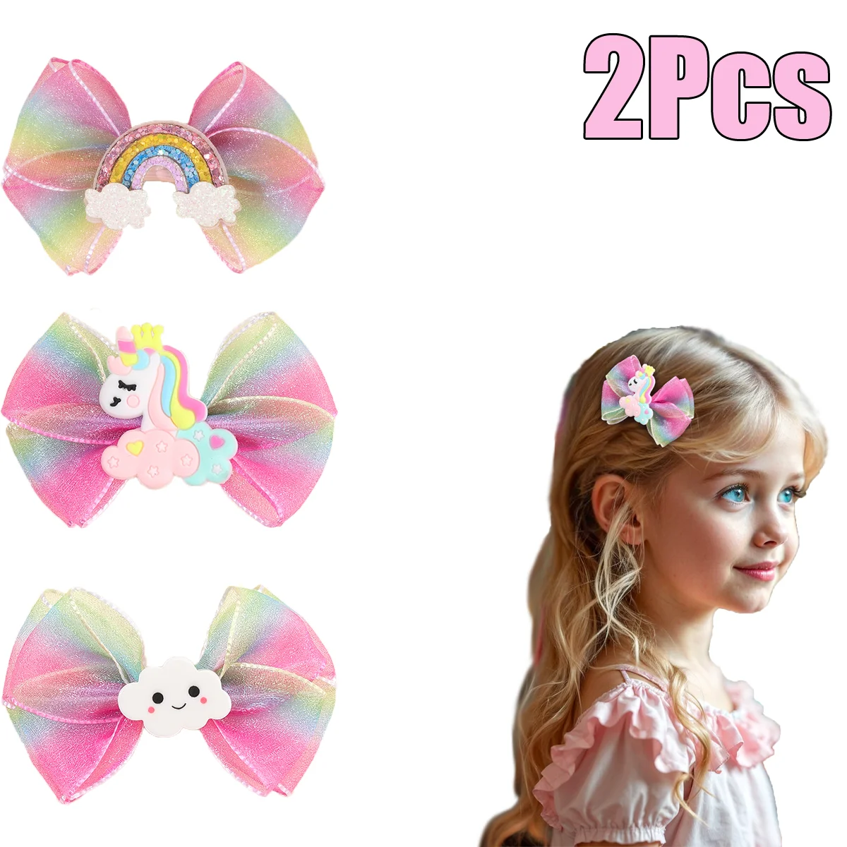 2 uds pinzas para el cabello con lazo de arcoíris dulce brillo gradiente gasa mariposa horquilla princesa pasadores para niños accesorios para el cabello para niñas