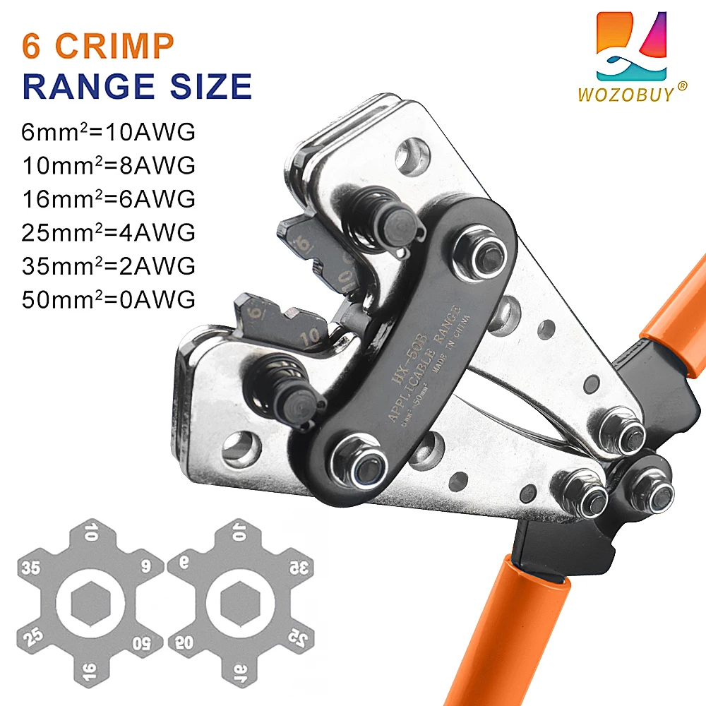 WOZOBUY Crimping Pliers 6-50mm²/AWG 10-1/0 Tube Terminal Crimper Hex Crimp Tool Battery Cable Lug Cable Hand Tools HX-50B