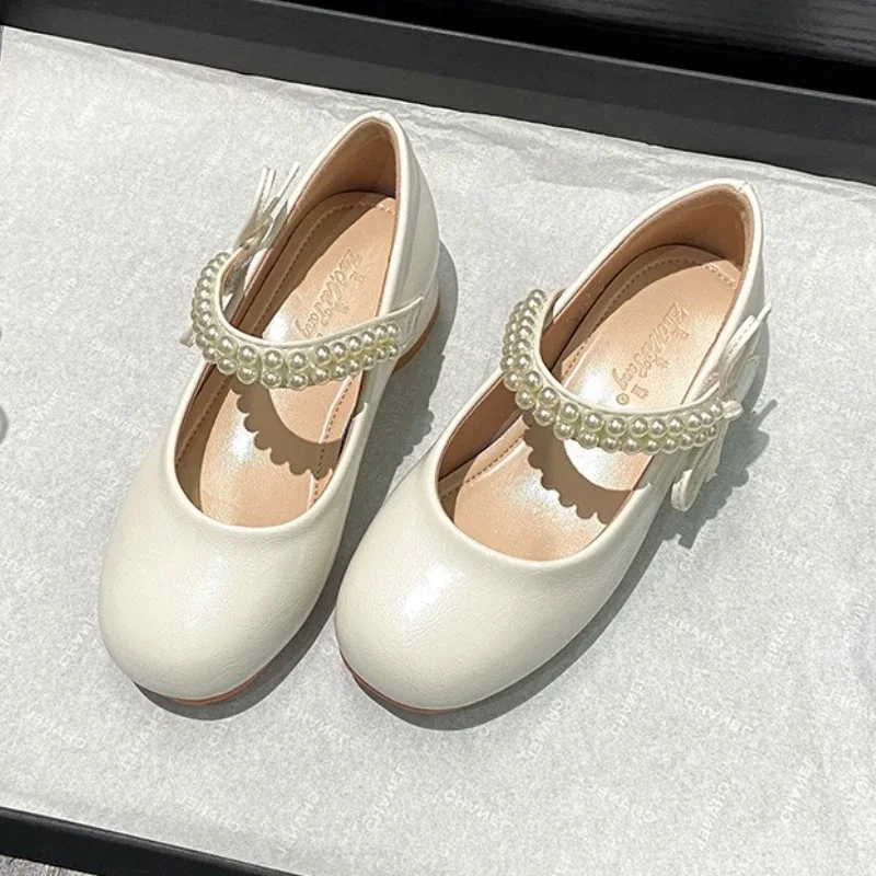 

Girls' High Heels 2025 New Children's Leather Shoes Fashion Pearl Bow Thick Heel Girls' Princess Shoes Size 25-36