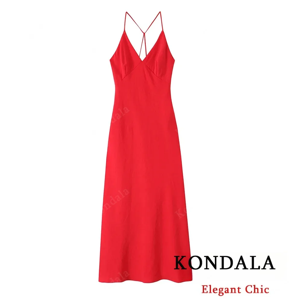 KONDALA Summer Red Backless Cami Long Dress Women's Sexy V-neck Cami Dress 2025 Fashion Casual Beach Romantic Date Mujer Dress