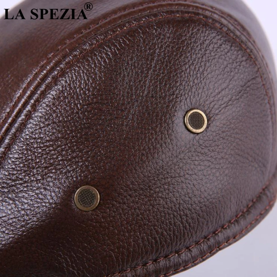 LA SPEZIA Classic Beret Caps Men Warm Genuine Leather Caps Ivy Windproof Duckbill Hat Burgundy Winter Luxury Brand Flat Hats