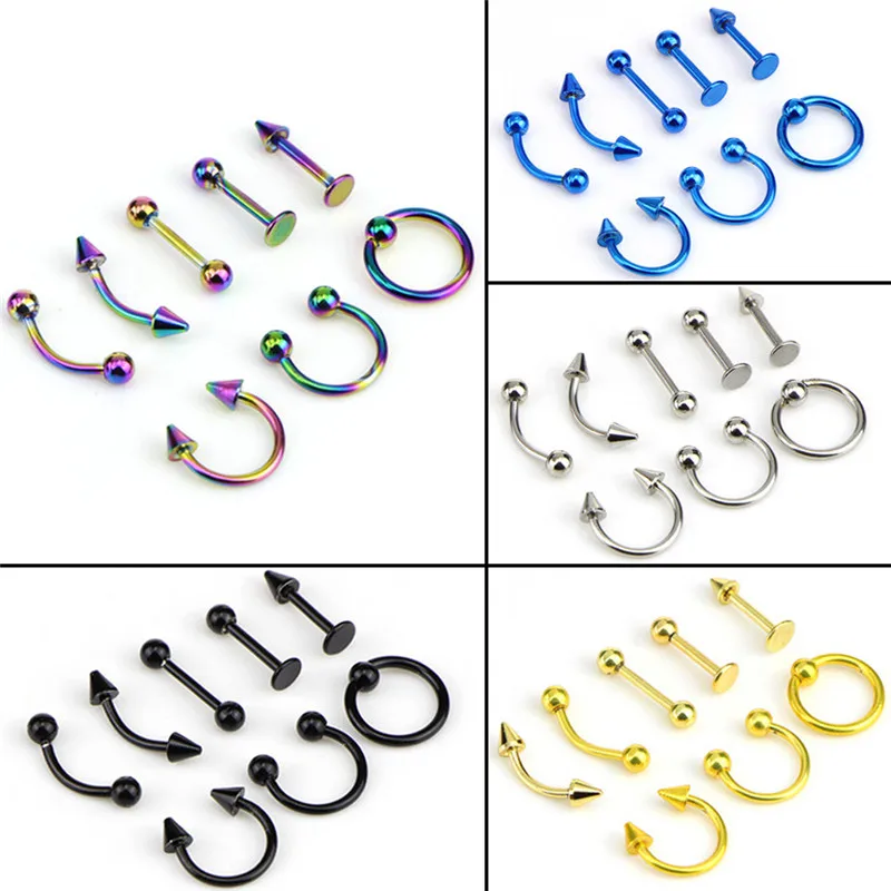 Mixed 8PCS 16G Stainless Steel Helix Piercing Jewelry Ear Eyebrow Nose Lip Rings