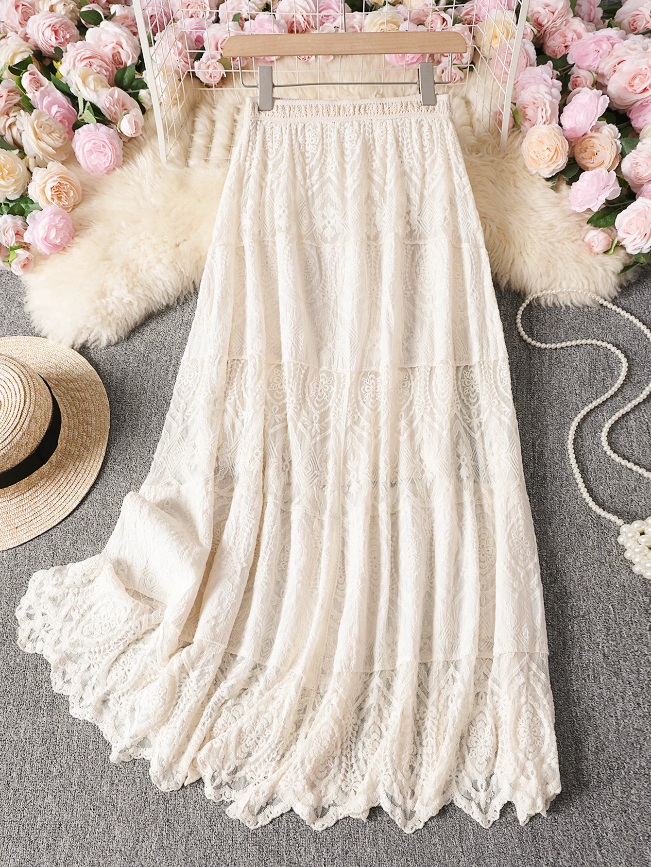 Bohemian Style Hook Weave Midi Long Skirt Spring Summer Long Dress Boho Chic Medium Length  Women's Fashion