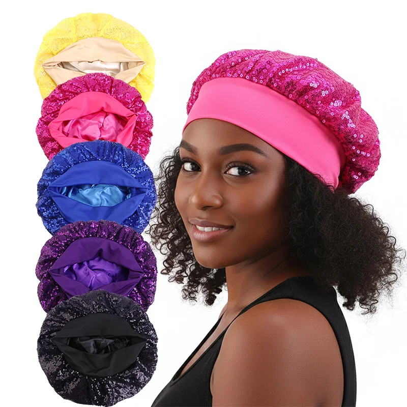 

Новая эластичная атласная шапочка для сна с широкими полями и пайетками, дополнительная атласная повязка для волос для защиты на ночь, для использования в душе, мягкая повязка для ухода за волосами