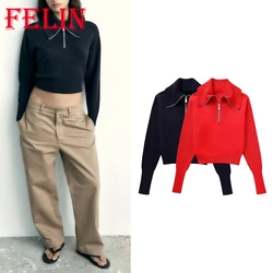 TRAF 2023 Autumn Casual Woman Solid Sweater Zipper Loose Short Sweater Pullovers Vintage Sweater Stylish Female Knitted Tops