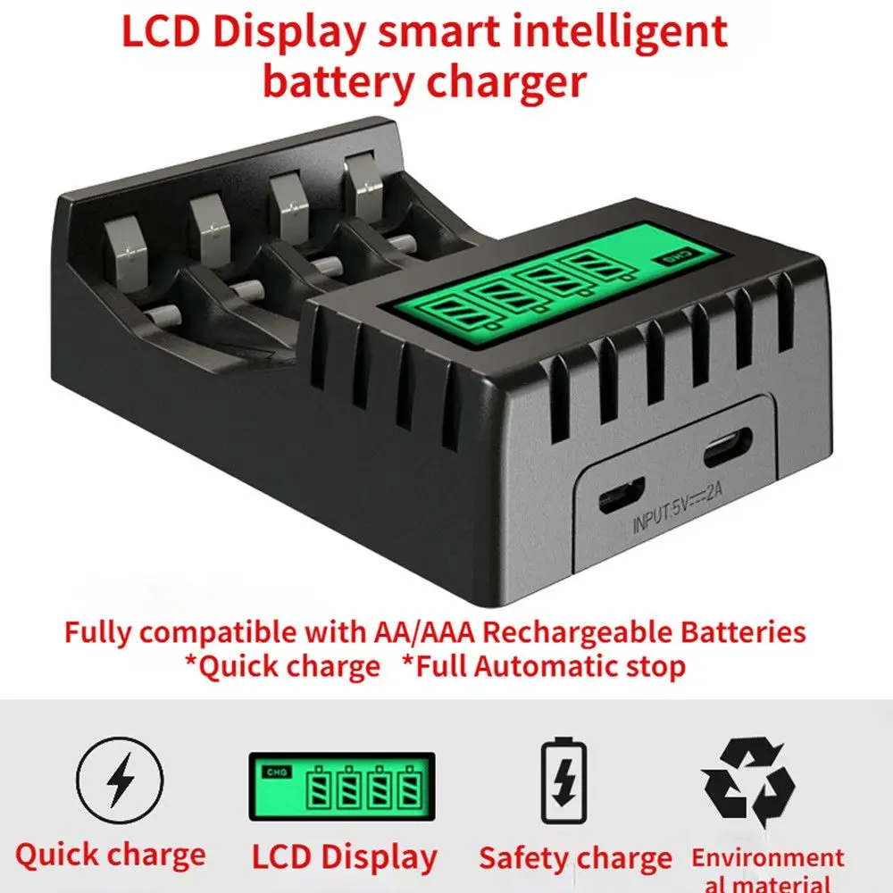 Intelligent Battery Charger With LCD Display 4 Slots Smart Fast Charging For 1.2V AA/AAA Ni-CD Ni-MH Rechargeable Battery