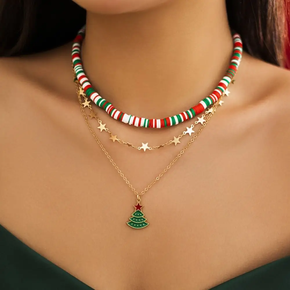 2/3/4pcs/set Cartoon Multi-layer Christmas Necklace Santa Christmas Tree Rice Beaded Chain Alloy Jewelry Accessories