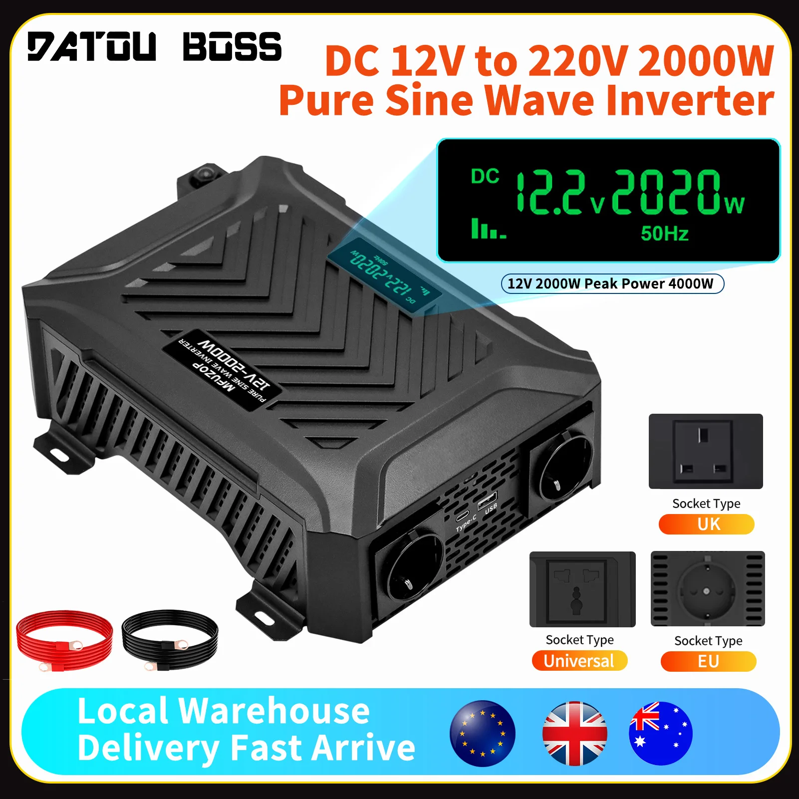 ATOUBOSS 2000W Wechselrichter 12V 50/60Hz Einstellbar DC 12V bis 220Vac mit USB-Display Wechselrichter 12V 220V 4000W Spitzenleistung Zwei Steckdosen