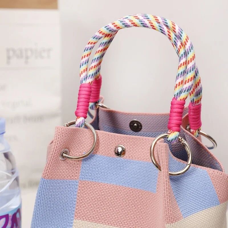 حقيبة بويت محبوكة حلوة للتنقل والنزهات، إغلاق مغناطيسي أزرق من البوليستر الناعم، نبات داخلي مزين بالزهور...