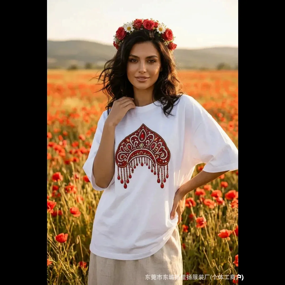 Russian Fashion Women Loose Oversized Cotton T‑Shirt, Vintage Ethnic Ornament Crown Tassel Graphic Casual Short Sleeve Tee Top