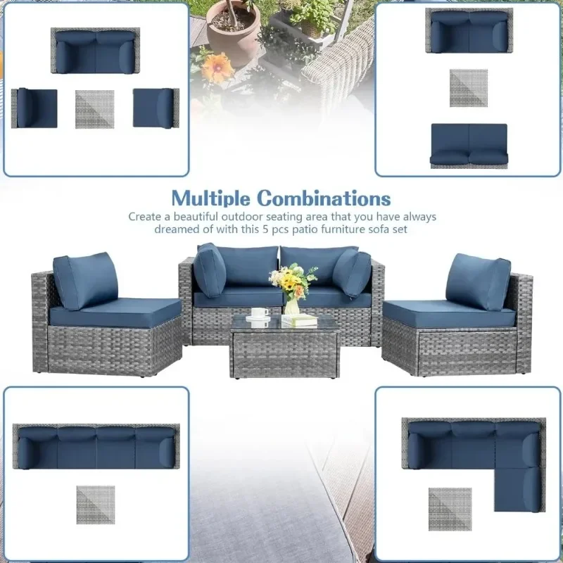 5 Pieces Outdoor Patio Sectional Sofa Couch, Silver Gray PE Wicker Furniture Conversation Sets with Washable Cushion