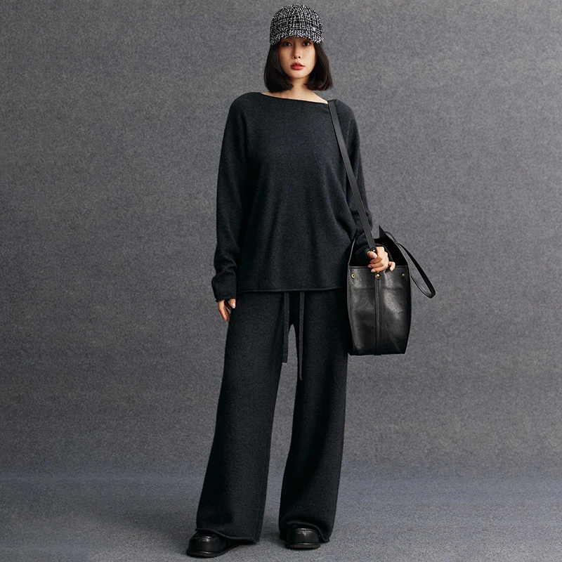 Women's 100% Cashmere Pants Thickness Wide Leg Pants Autumn Winter Office Lady Casual Cashmere Knit Pants Soft Warm Trousers