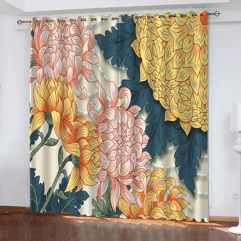 

Chrysanthemum Print Curtain Biparting Open Blackout Curtain Cortina De Sombra Home Decoration Curtain for Living Room ستاير