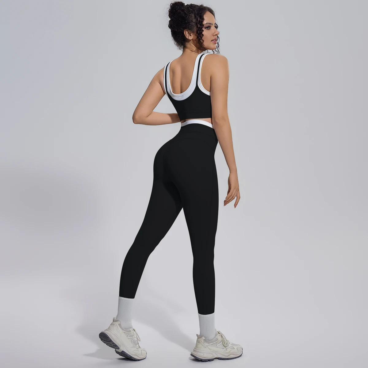 Rooftrellen 2-teiliges Yoga-Set für Damen, sexy Sport-BH, Yoga-Top mit Brustpolster, Farbblock-Design, Yoga-Hose mit Po-Formung, Damen-Fitness-Set – Detail 9