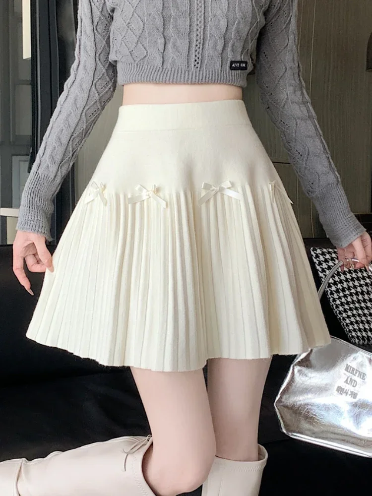 

Knitted Mini Skirt Korean Slim High Waist White Short Skirts for Women 2024 Autumn and Winter Bow Decoration Black Pleated Skirt