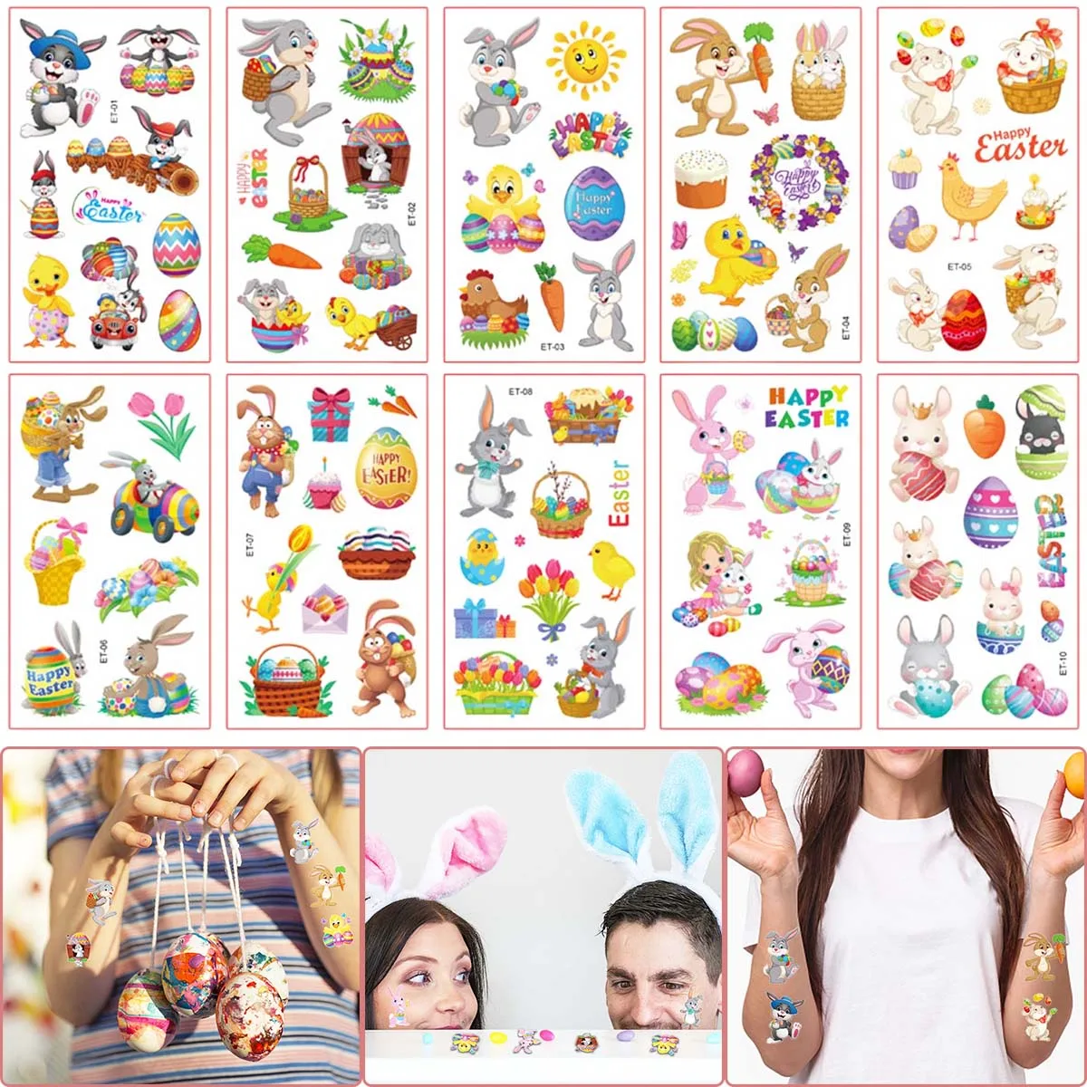 10 pezzi autoadesivo del tatuaggio di pasqua pulcino di pasqua coniglio cartone animato impermeabile bambino braccio viso tatuaggio decalcomania 2024 primavera pasqua adesivi per feste