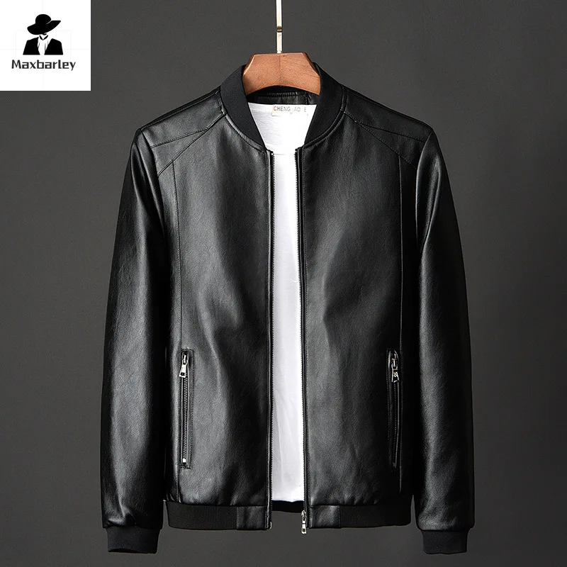 

Baseball Leather Jacket Men's Autumn Large Retro Black Zipper Pocket Motorcycle Pu Coat Brand Classic Windproof Cargo Jacket