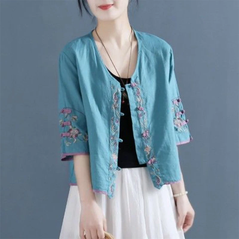 Summer Ethnic Style Cotton Linen Embroidery Vintage Frog Shirt Female Half Sleeve Loose Casual Fashion All-match Cardigan Blouse