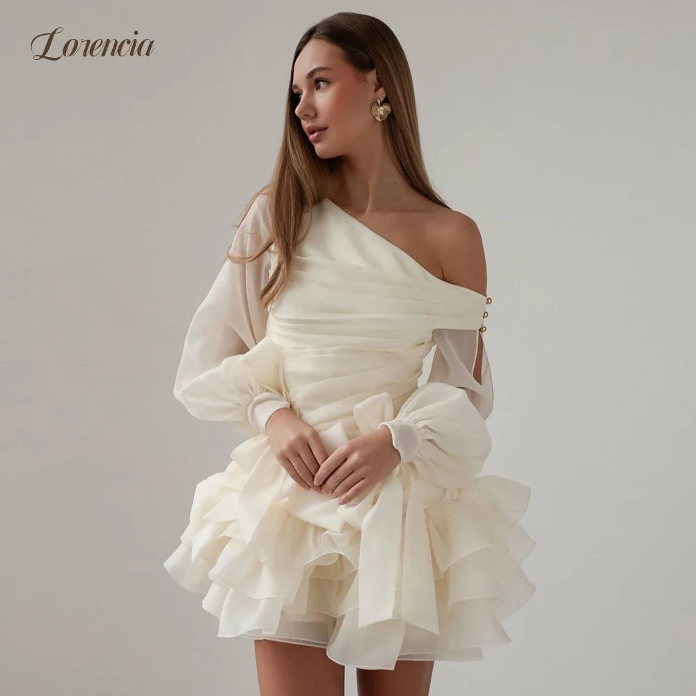 Lorencia Long Sleeves Short Wedding Dresses One-Shoulder Ruffles Chiffon Civil Bride Dresses Customized Mini Bridal Shower Dress