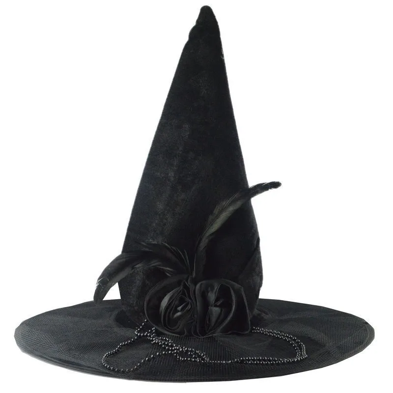 Magic Wizard Hat Stage Performance Clothing Headwear Black Rose Feather Decoration Witch Hat Magical Girl Lolita Witch Hat