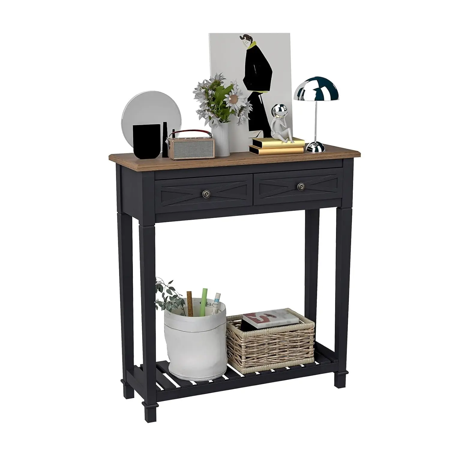 

Narrow Console Table with Drawers & Shelf Small Entryway Hallway Living Room Bedroom Office Black, Customized