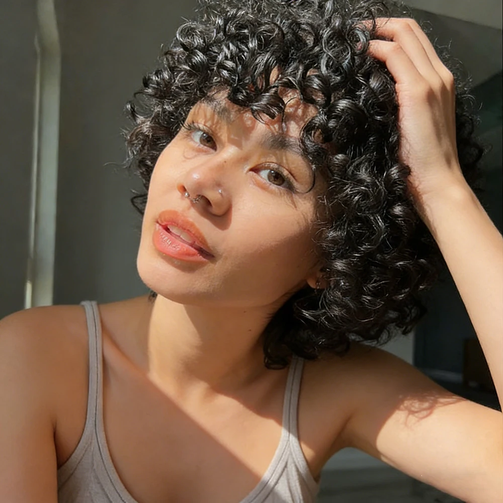 

Короткие бразильские парики из натуральных волос Jerry Curl с челкой, парик в стиле пикси, натуральный черный для женщин, странные вьющиеся волосы Remy, машинное производство