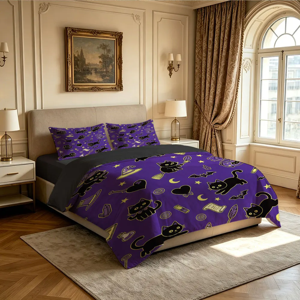 3pc Halloween Black Cat Wizard-Print Bedding Set, without a filling, Made of Soft Materials for Bedding Use - view 5